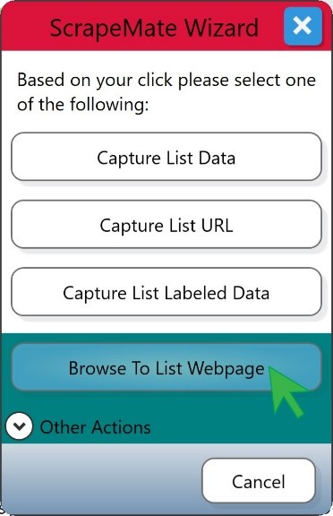 Selecting Browse To List Webpage on the ScrapeMap Wizard Dialog