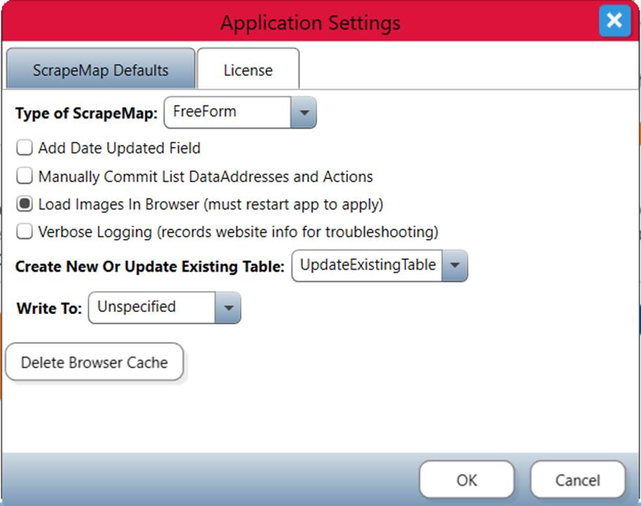 Application Settings Dialog with ScrapeMap Default tab selected