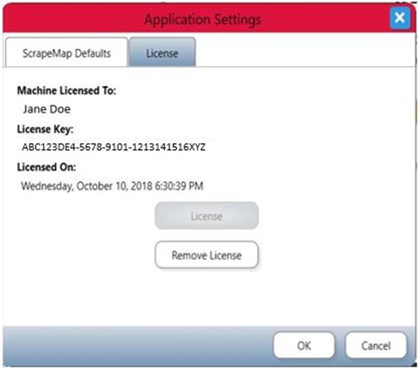 Application Settings Dialog with License tab selected