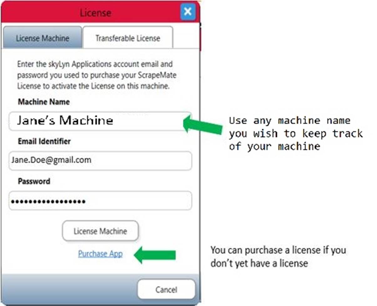 License Dialog labeled and containing sample user data
