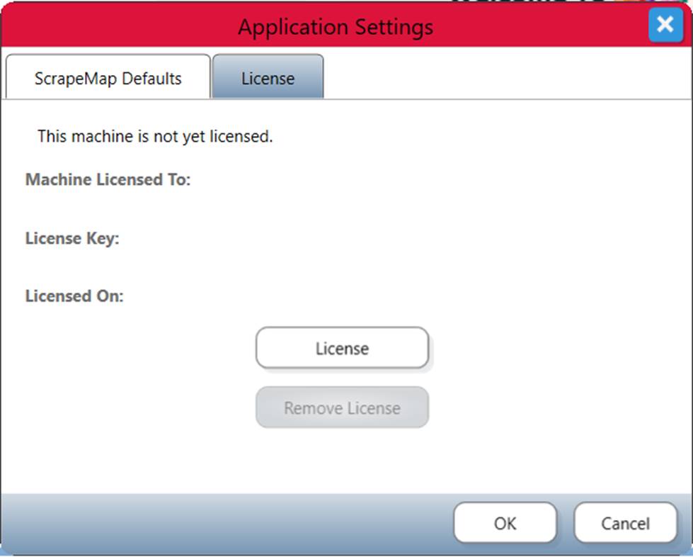 Application Settings Dialog with License tab selected and no License