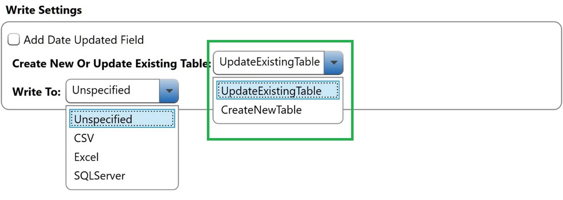 ScrapeMap Write Settings with Create New or Update Existing Table and Write To drop downs displayed