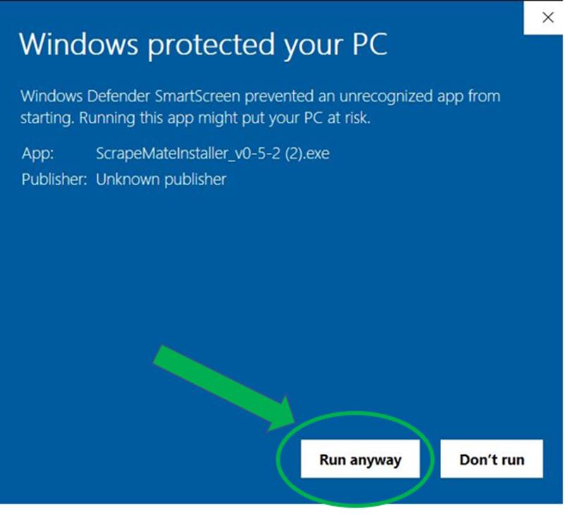Selecting Run Anyway option in the Windows Defender PC Protection Notification