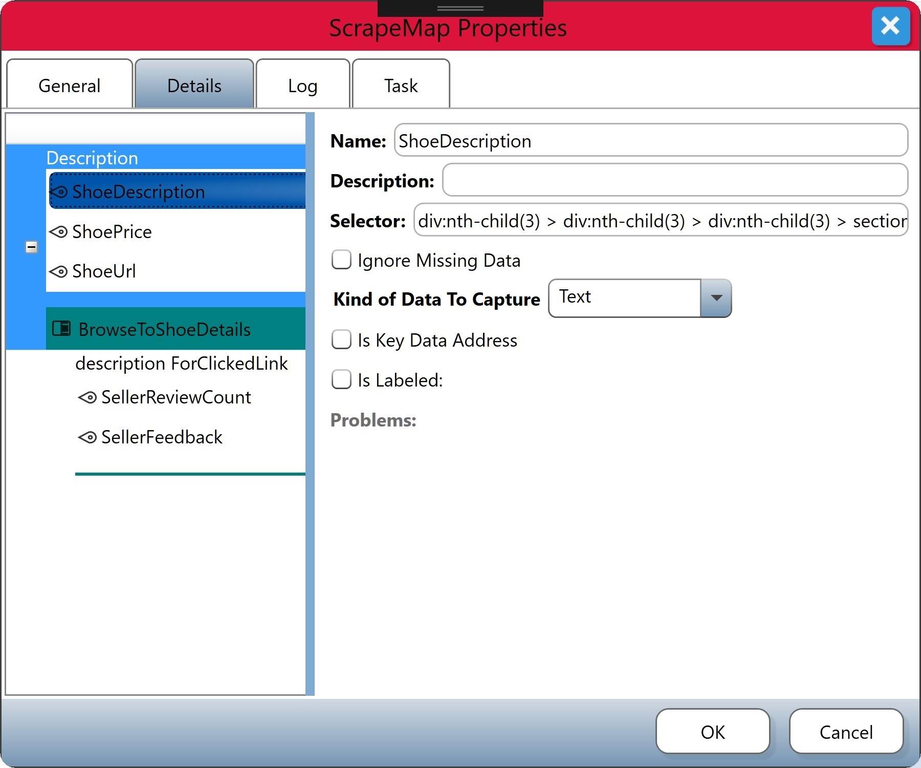 Details Tab of the ScrapeMap Properties Dialog with a DataAddress selected