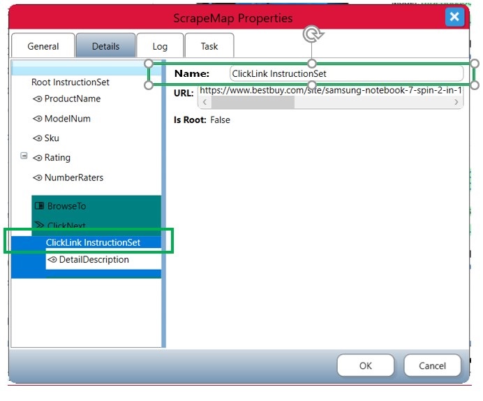 Details tab of the ScrapeMap Properties dialog with the Name of the Sub-InstructionSet highlighted