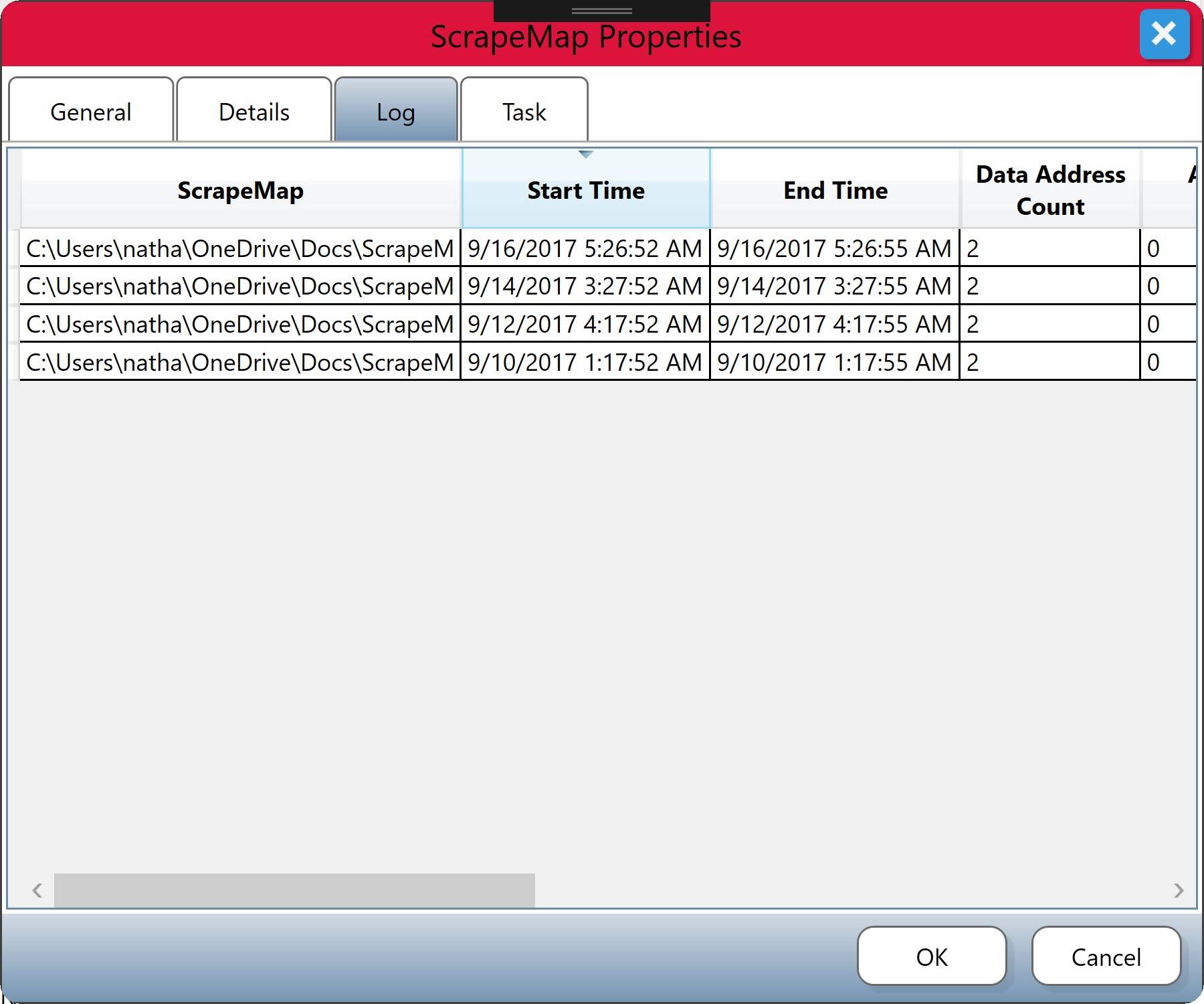 ScrapeMap Properties Dialog with Log tab selected