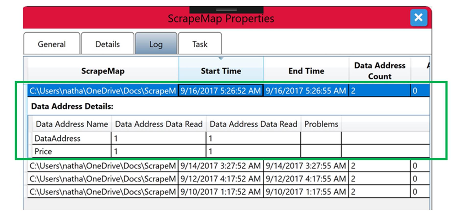 ScrapeMap Properties Dialog with the Log details displayed