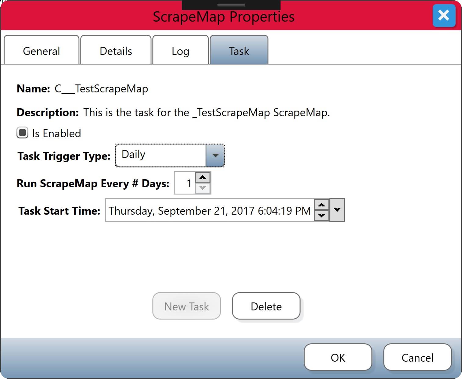 Task Tab of the ScrapeMap Properties Dialog with a Daily Task