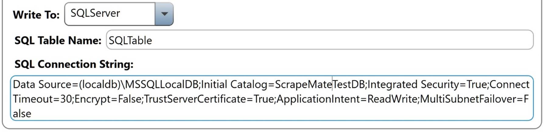 ScrapeMap Write Settings with Write To SQLServer selected