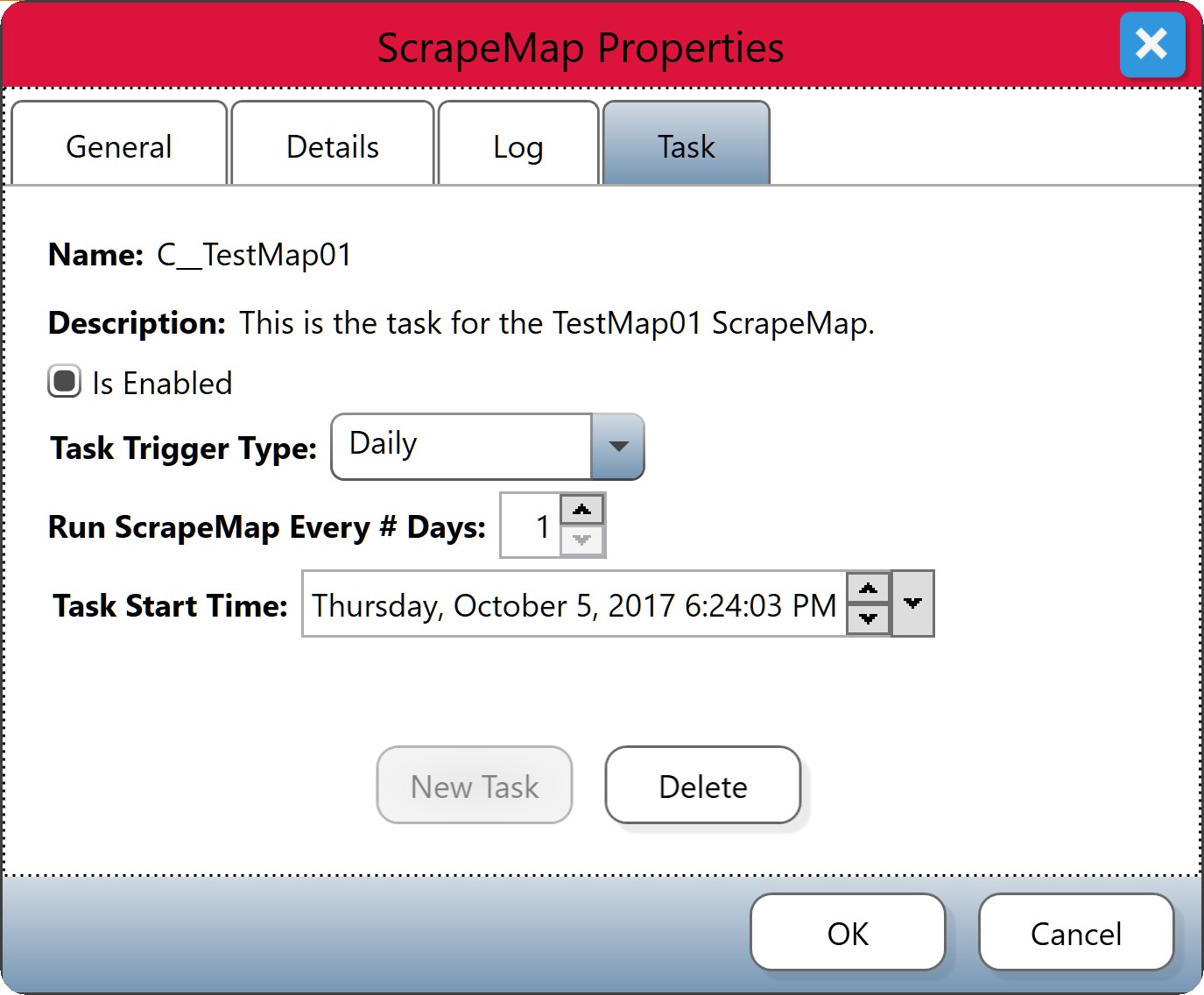 The Task Tab of the ScrapeMap Properties Dialog