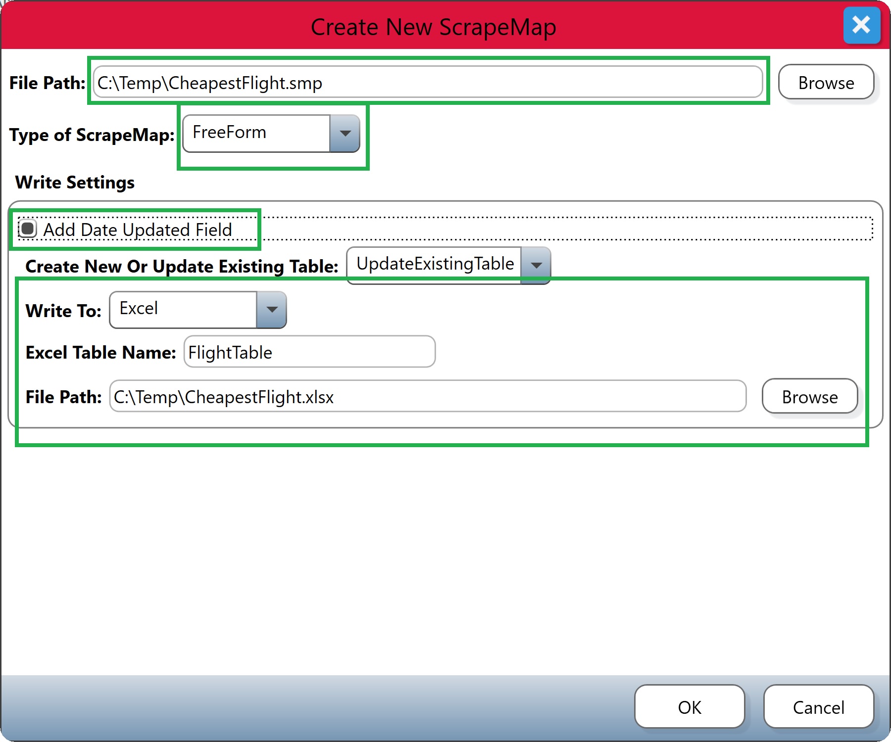 Create New ScrapeMap dialog with various data highlighted