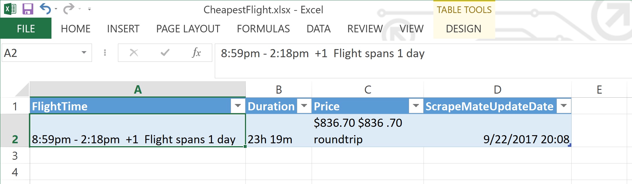 Excel Cheapest Flights worksheet output