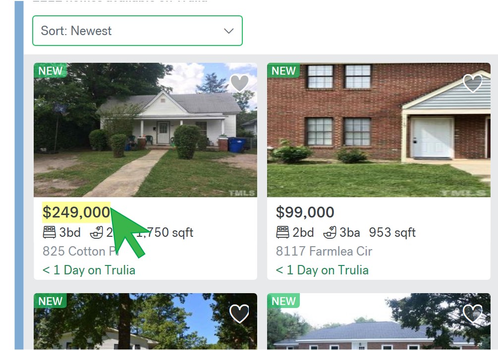 Trulia search results with price selected