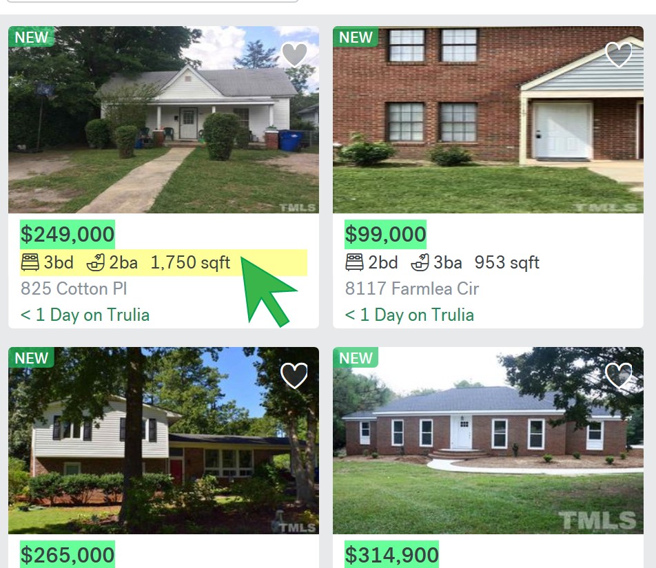 Trulia search results with housing details selected