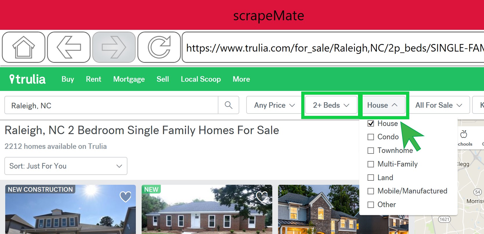 Filtering Trulia search by bedrooms and house type