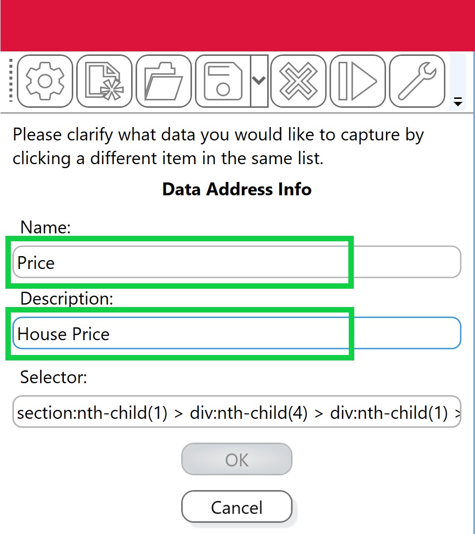 ScrapeMap Wizard Pane with Name and Description data set to 'Price' and 'House Price'