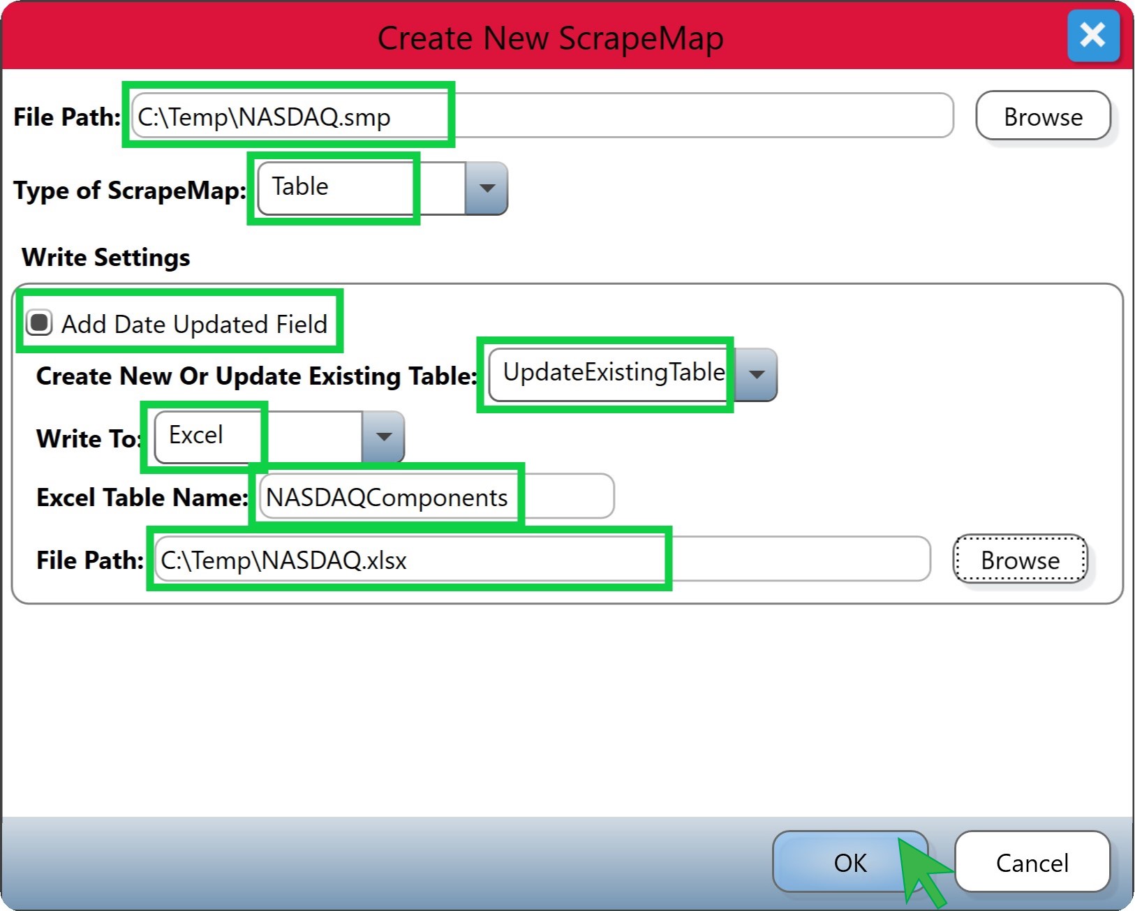 Create New ScrapeMap Dialog with various data highlighted
