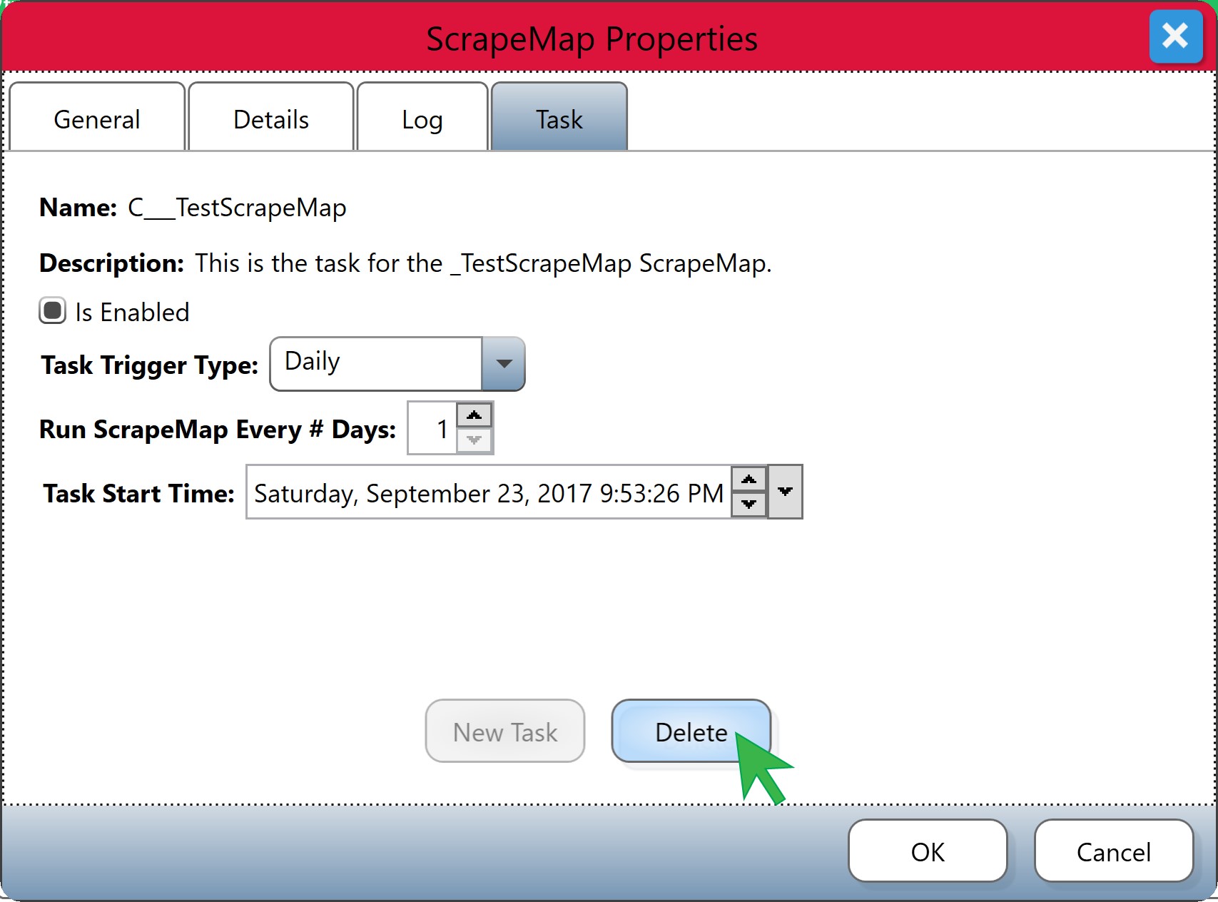 Task Tab of the ScrapeMap Properties Dialog with the Delete button selected