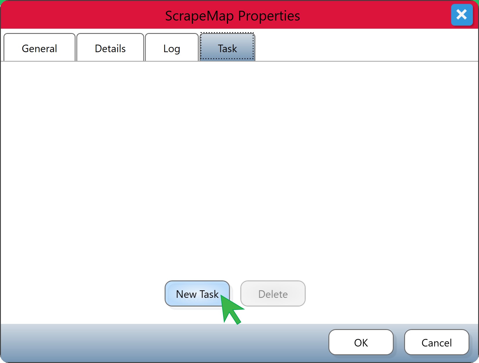 An Empty Task tab of the ScrapeMap Properties Dialog