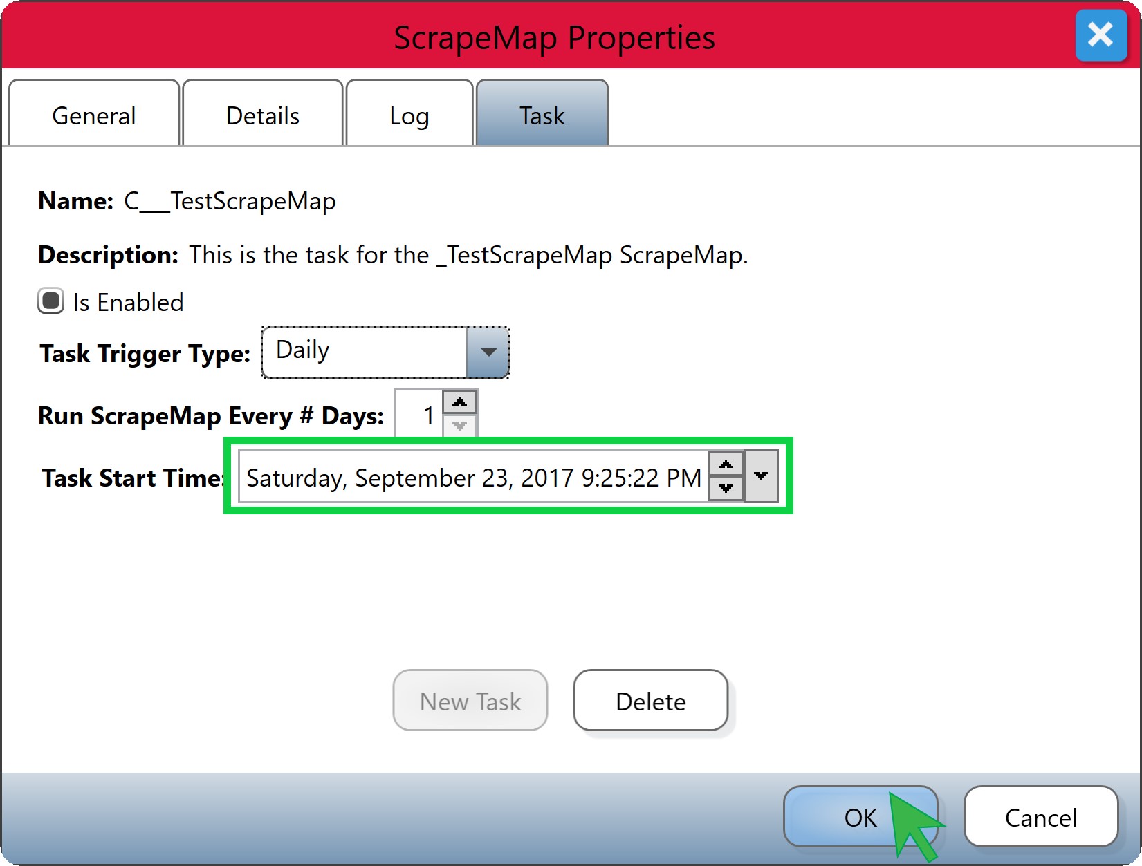 Task Tab of the ScrapeMap Properties Dialog with Task Start Time highlighted