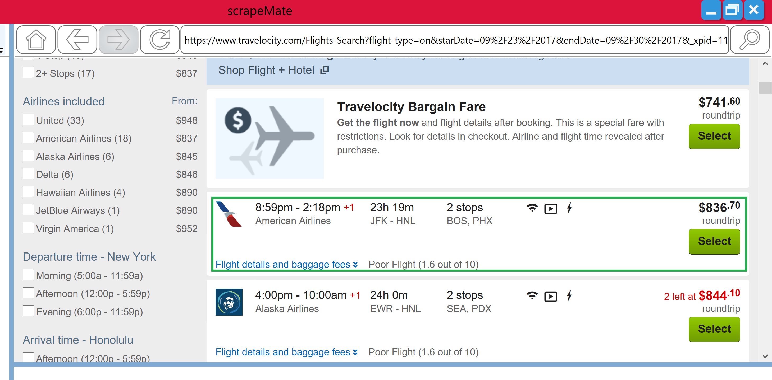 Travelocity Flights example with the first flight highlighted