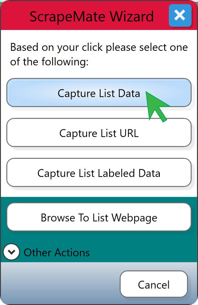 ScrapeMap Wizard Dialog with Capture List Data Address selected