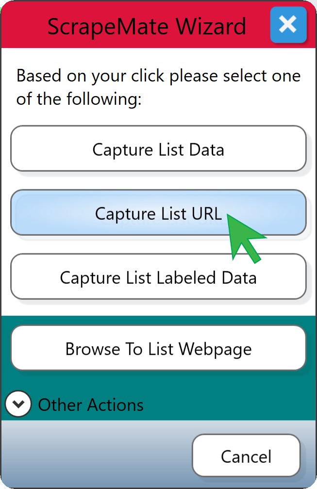 ScrapeMap Wizard Dialog with Capture List URL selected